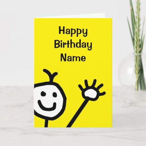 Cute Yellow Little Smiling Face Waving Birthday Card