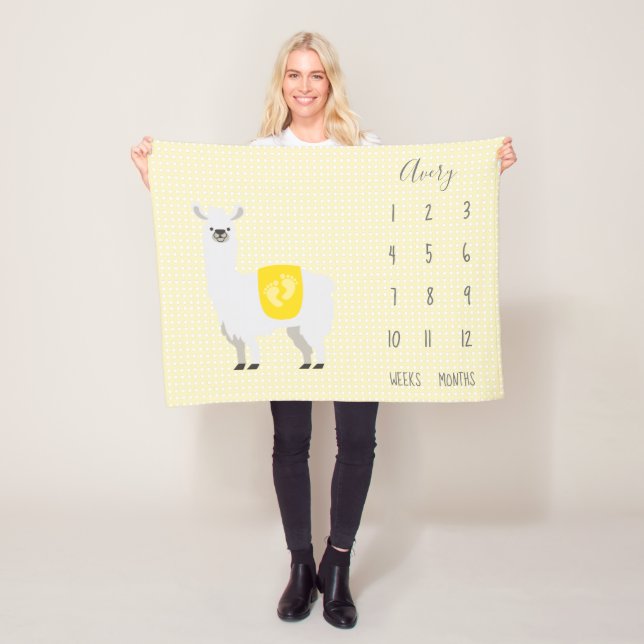 Cute Yellow Llama Polka Dot Baby Milestone Fleece Blanket (In Situ)
