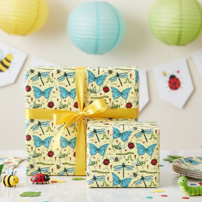 Cute Yellow Love Bug Insects for Bug Lovers  Wrapping Paper (Cute Bugs Insects Wrapping Paper for Kids in Yellow. Butterflies, Dragonflies, Ladybugs, Bees, Worms)