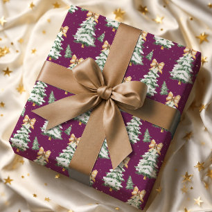 Cute Yellow Magenta Coquette Bows Christmas Trees Wrapping Paper