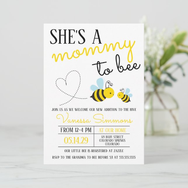 Cute Yellow Mommy to Bee Baby Shower Invitation (Standing Front)