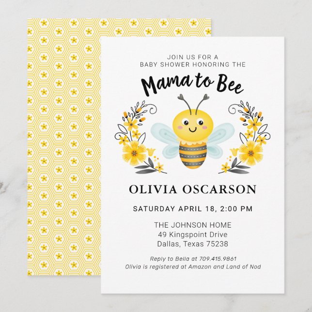 Cute Yellow Mommy to Bee Baby Shower Invitation (Front/Back)