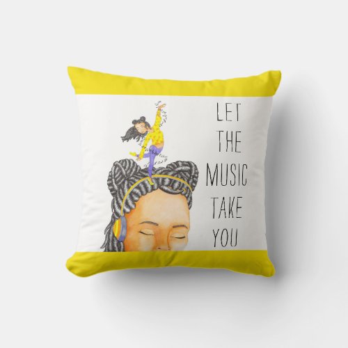 Cute Yellow Music Quote Boho Watercolor Art Throw Pillow