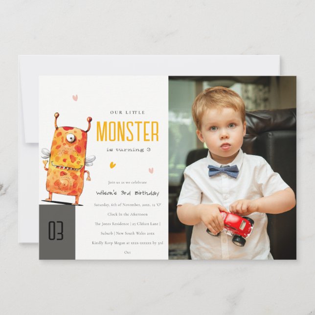 Cute Yellow One Eyed Monster Kids Photo Birthday Invitation (Front)