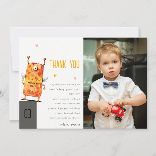 Cute Yellow One Eyed Monster Kids Photo Birthday Thank You Card (Front)