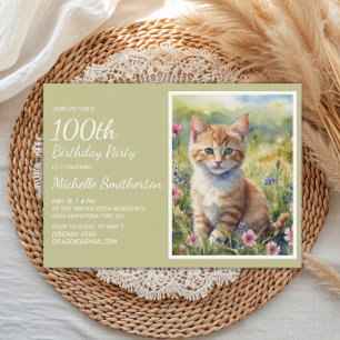Cute Yellow Orange Cat Watercolor 100th Birthday Invitation
