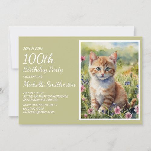 Cute Yellow Orange Cat Watercolor 100th Birthday Invitation
