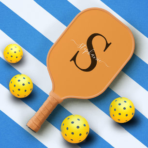 Cute Yellow Orange Monogram Initial + Name Pickleball Paddle
