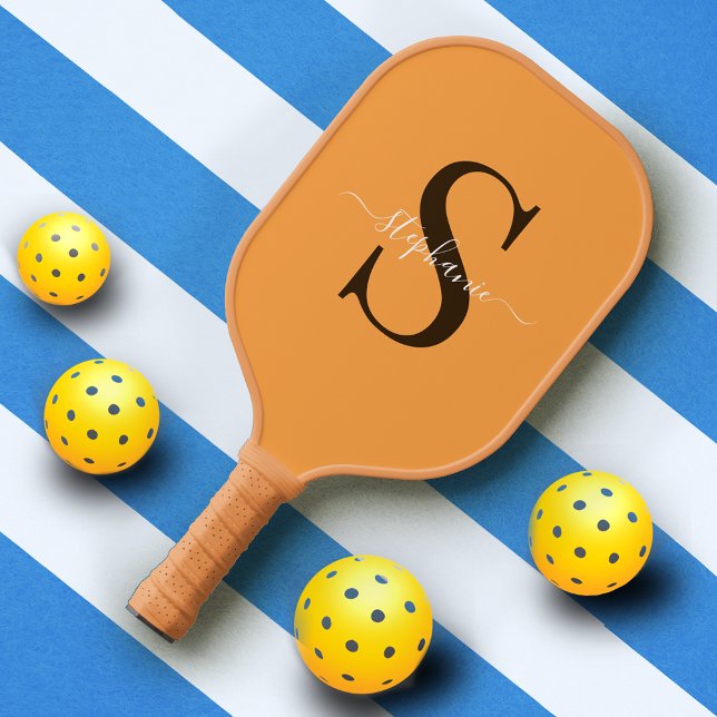 Cute Yellow Orange Monogram Initial + Name  Pickleball Paddle (Creator Uploaded)