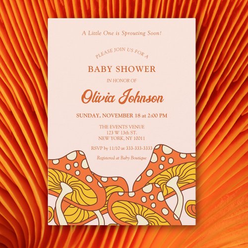 Cute Yellow Orange Mushroom Theme Baby Shower Invitation