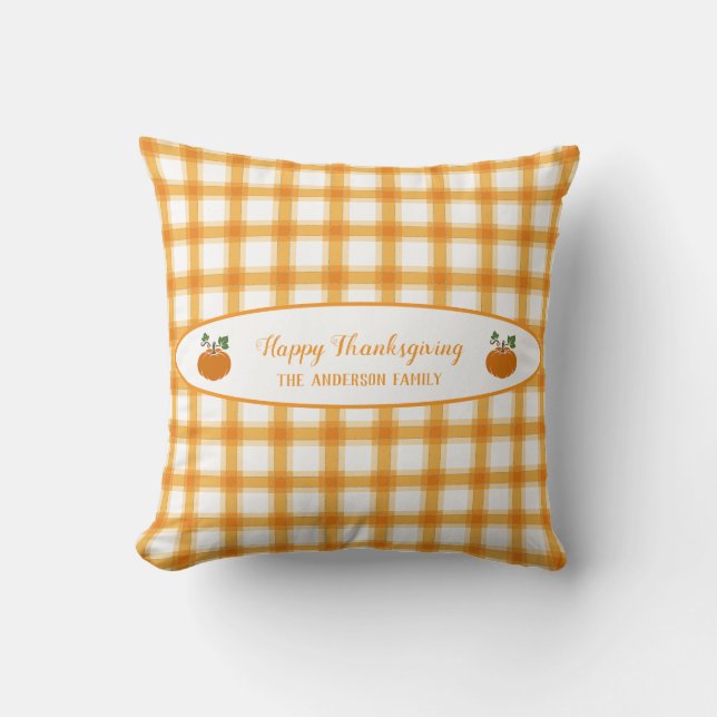 Cute Yellow Orange Plaid Pumpkins Thanksgiving  Throw Pillow (Front)