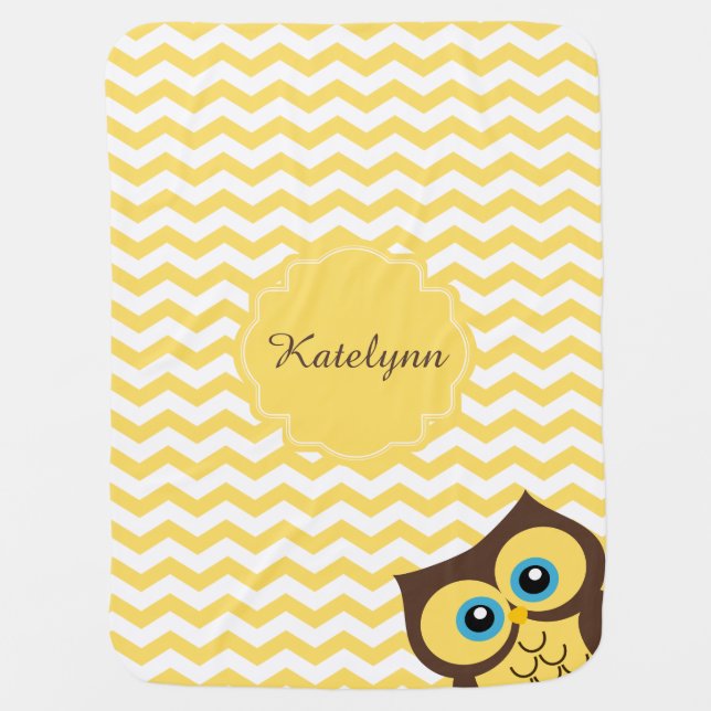 Cute Yellow Owl Zigzag Pattern Custom Baby Blanket (Front)