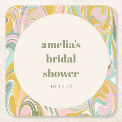 Cute Yellow Pastel Abstract Custom Bridal Shower Square Paper Coaster