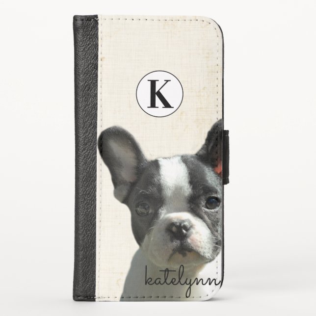 Cute Yellow Peek-a-Boo Boston Terrier Dog Monogram iPhone Wallet Case (Front)