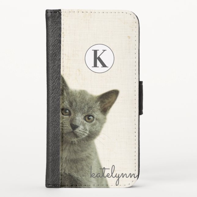 Cute Yellow Peek-a-Boo Kitten Photograph Monogram iPhone Wallet Case (Front)