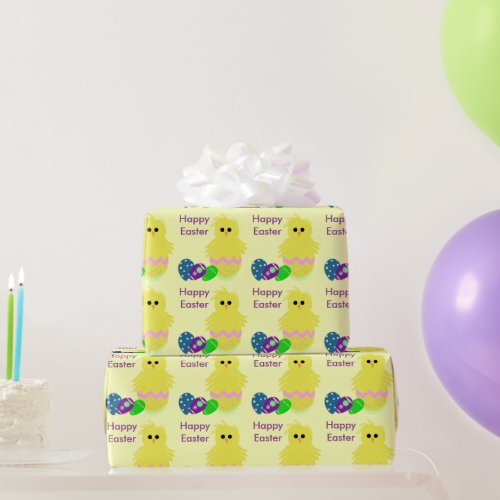 Cute Yellow Pink Chick Decorated Eggs Wrapping Paper