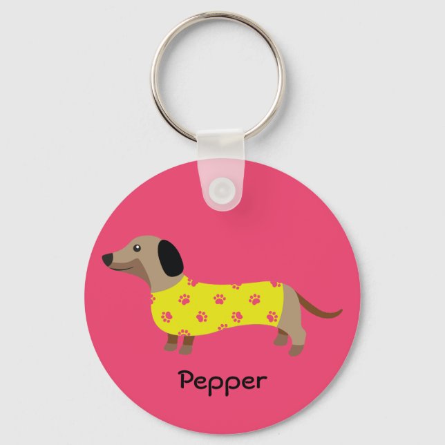 Cute Yellow & Pink Dachshund Dog Name Funny   Keychain (Front)