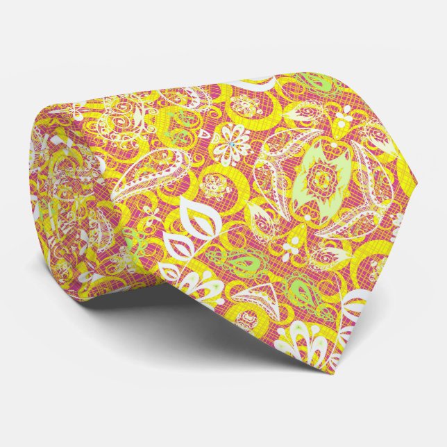 Cute yellow pink flowers pattern mug neck tie (Rolled)