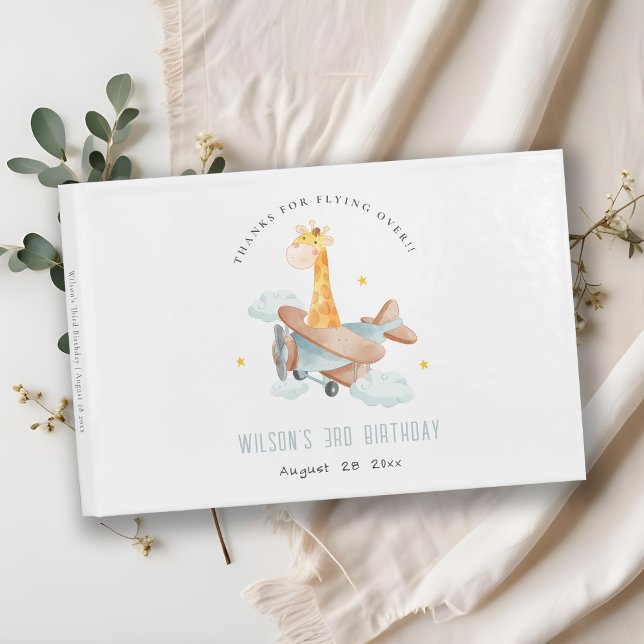 Cute Yellow Plane Giraffe Stars Cloud Birthday  Guest Book (Creator Uploaded)