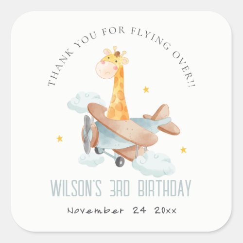 Cute Yellow Plane Giraffe Stars Cloud Birthday Square Sticker