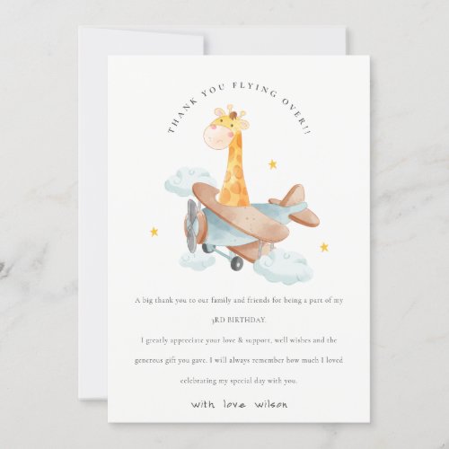 Cute Yellow Plane Giraffe Stars Cloud Birthday  Thank You Card