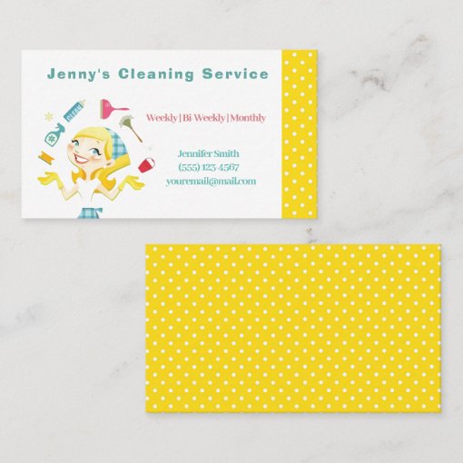 Cute Yellow Polkadot Maid House Cleaning Service Business Card | Zazzle