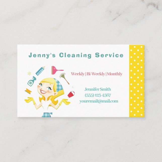 Cute Yellow Polkadot Maid House Cleaning Service Business Card (Front)