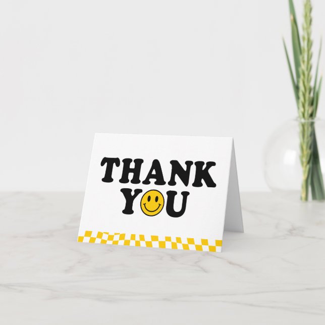 Cute Yellow Preppy Smile Birthday Checkered Thank You Card (Front)