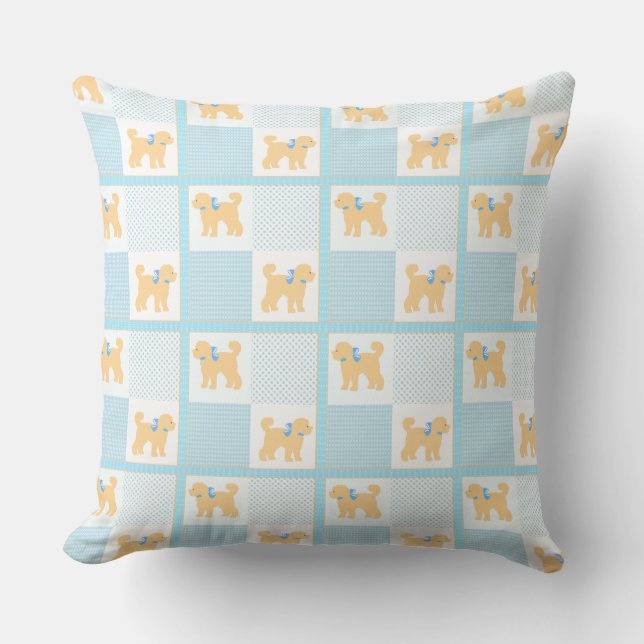 Cute Yellow Puppies Blue White Patchwork Throw Pillow (Front)