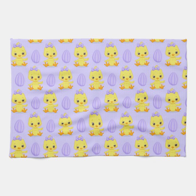 Cute Yellow Purple Chicken Easter Pattern Kitchen Towel (Horizontal)