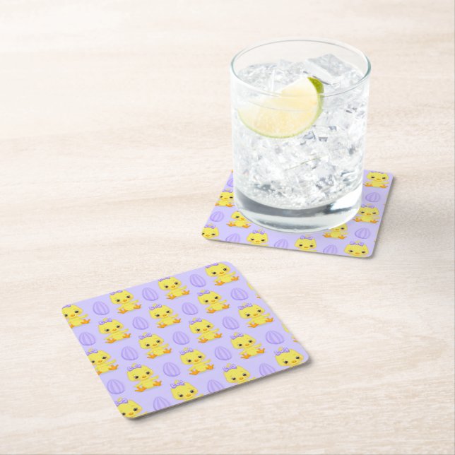 Cute Yellow Purple Chicken Easter Pattern Square Paper Coaster (Insitu)
