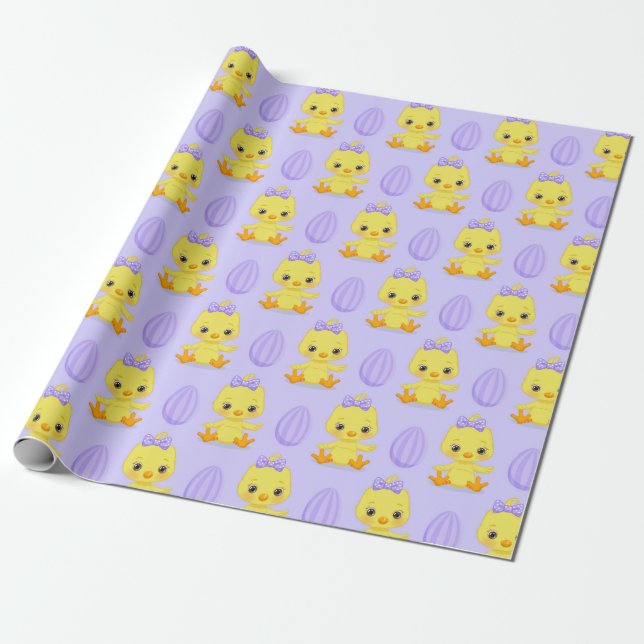 Cute Yellow Purple Chicken Easter Pattern Wrapping Paper (Unrolled)