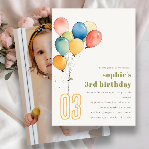 Cute Yellow Red Green Balloons Kids Photo Birthday Invitation