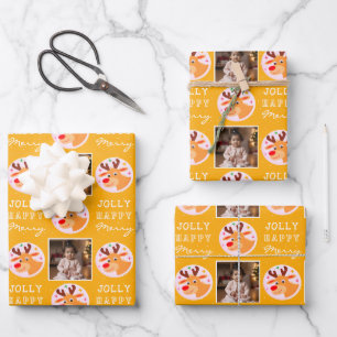 Cute Yellow Reindeer Family Photo Christmas Wrapping Paper Sheets