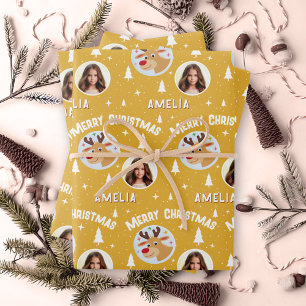 Cute Yellow Reindeer Kid`s Name Photo Christmas Wrapping Paper Sheets