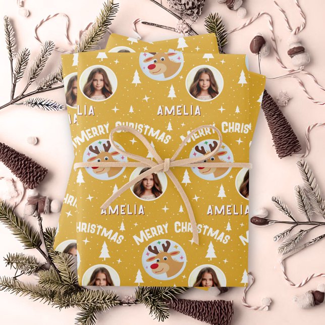 Cute Yellow Reindeer Kid`s Name Photo Christmas Wrapping Paper Sheets (Creator Uploaded)