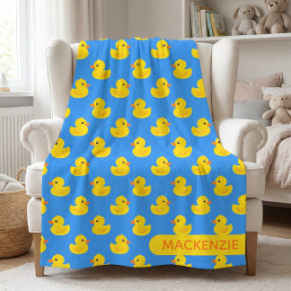 Cute Yellow Rubber Duck Pattern Personalized Name  Fleece Blanket