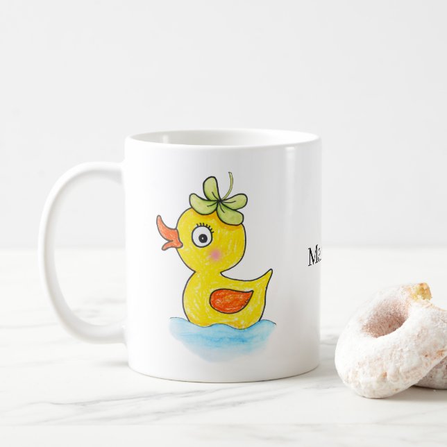 Cute Yellow Rubber Duck with Clover Hat Custom Coffee Mug (With Donut)