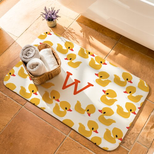 Cute Yellow Rubber Duckies Monogram Bath Mat