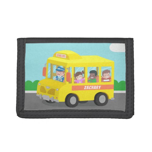 Cute Yellow School Bus And Happy Kids Wallet