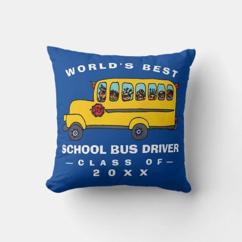 Cute Yellow School Bus Worlds Best Bus Driver Blue Throw Pillow
