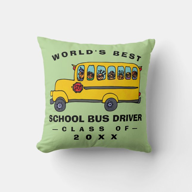 Cute Yellow School Bus Worlds Best Bus Driver Throw Pillow (Front)