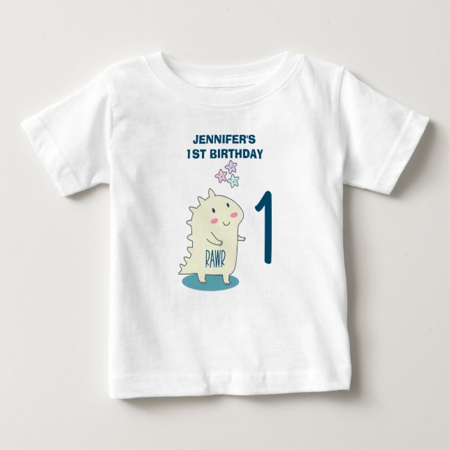 Cute Yellow Smiling Dinosaur 1st Birthday Baby T-Shirt (Front)