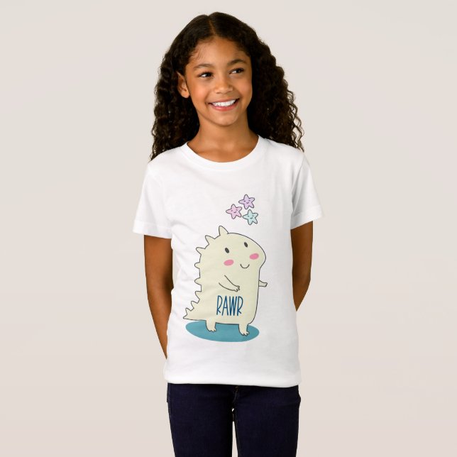 Cute Yellow Smiling Dinosaur with Happy Stars T-Shirt (Front Full)