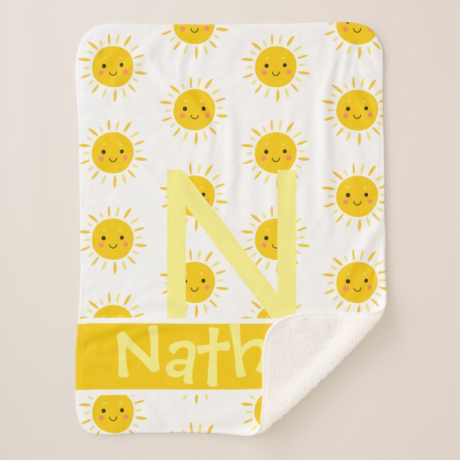 Cute Yellow Smiling Sun Monogram Name  Baby Sherpa Blanket (Front)