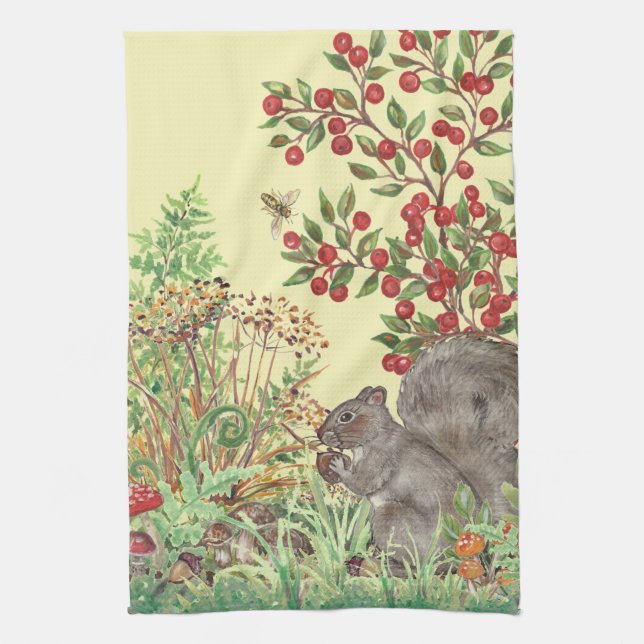 Cute Yellow Squirrel Woodland Scene Fall Harvest Kitchen Towel (Vertical)