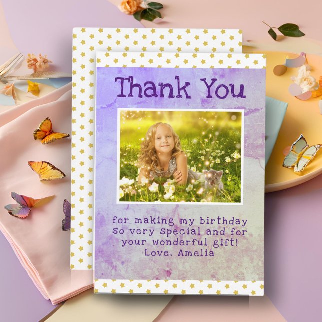 Cute Yellow Star Pattern Girl Photo Birthday Thank You Card (Creator Uploaded)