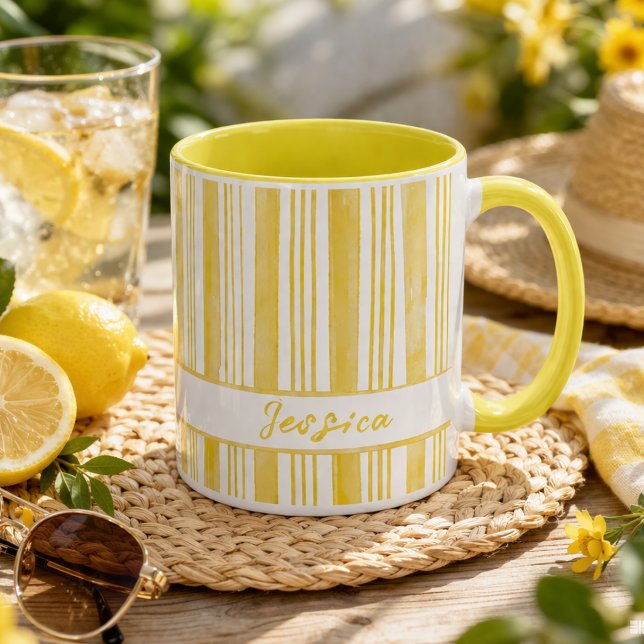 Cute Yellow Striped Custom Name Coffee Mug (Creator Uploaded)