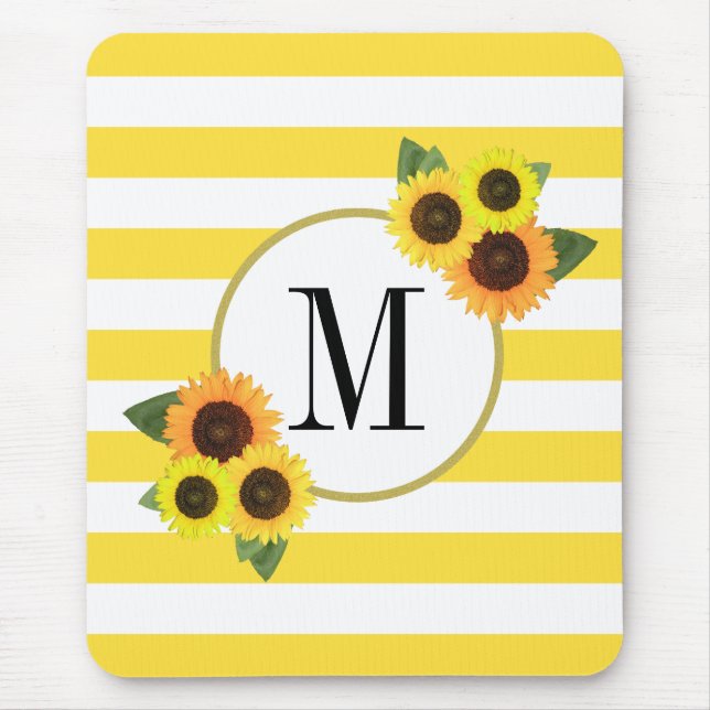 Cute Yellow Stripes Sunflowers Floral Monogram Mouse Pad (Front)