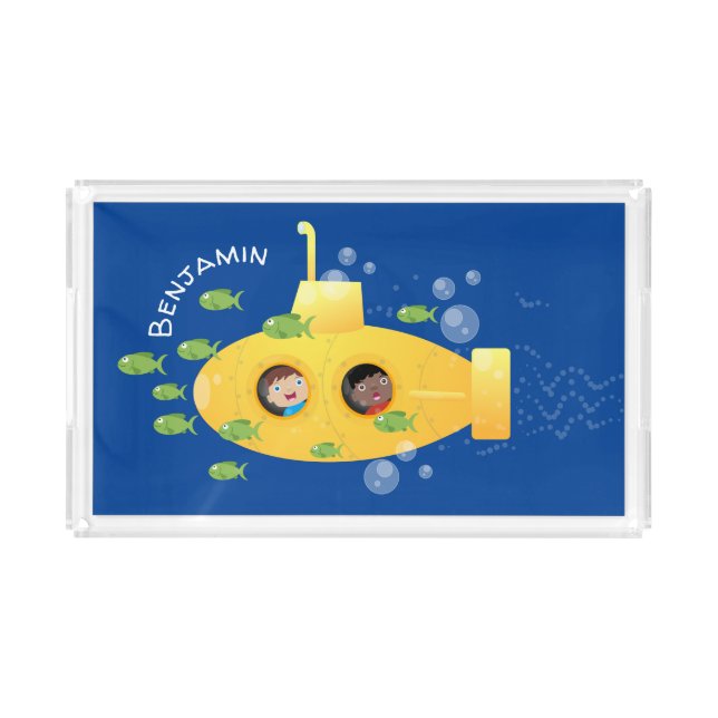 Cute yellow submarine fish cartoon illustration acrylic tray (Front)